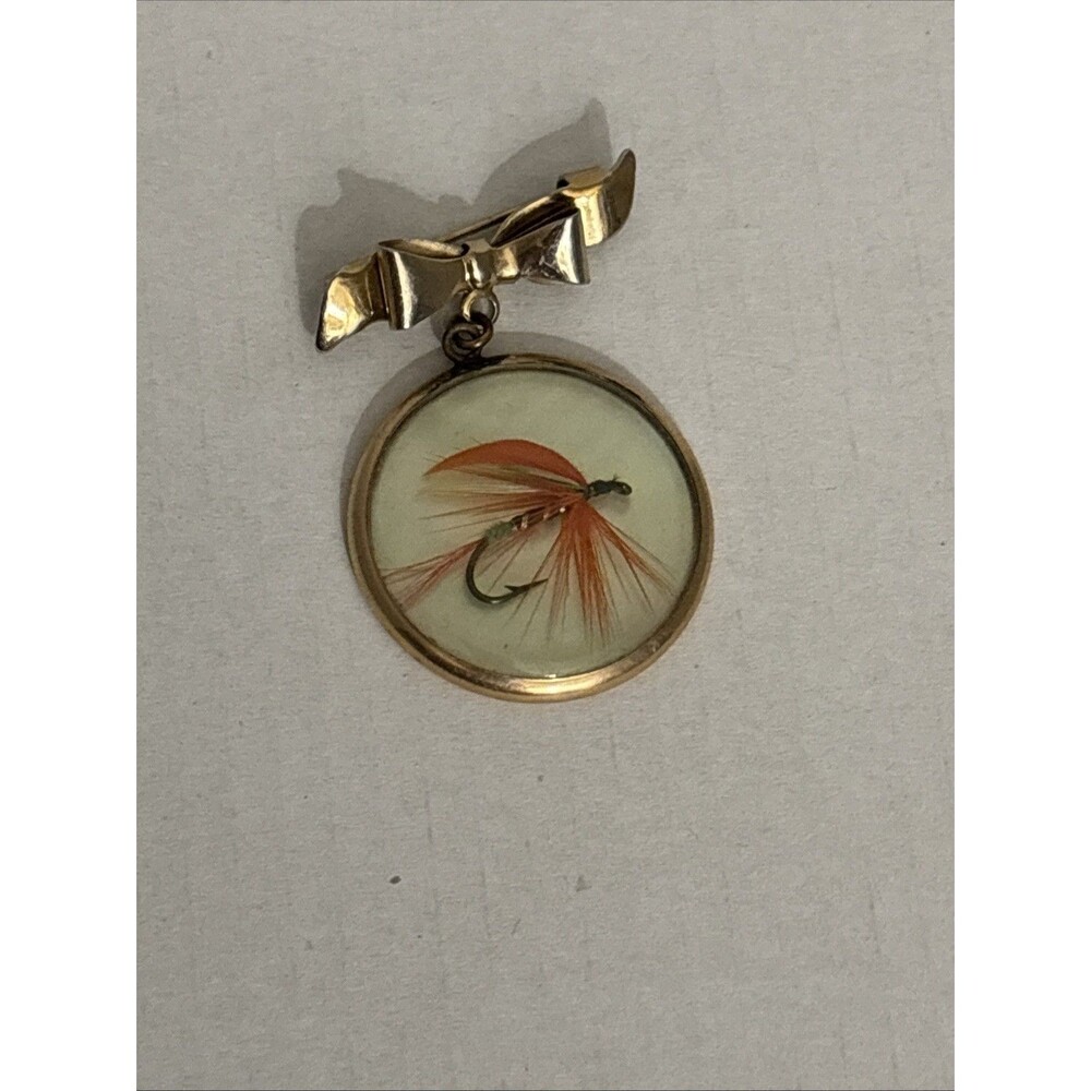 Vintage Fishing Fly Lure Brooch Pin With Bow On Mother Of Pearl